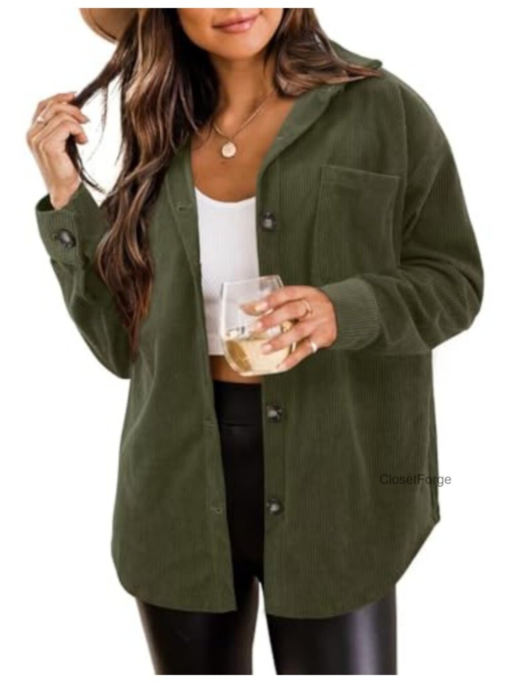 Corduroy Button Down Shacket Loose Fit Casual Jacket
